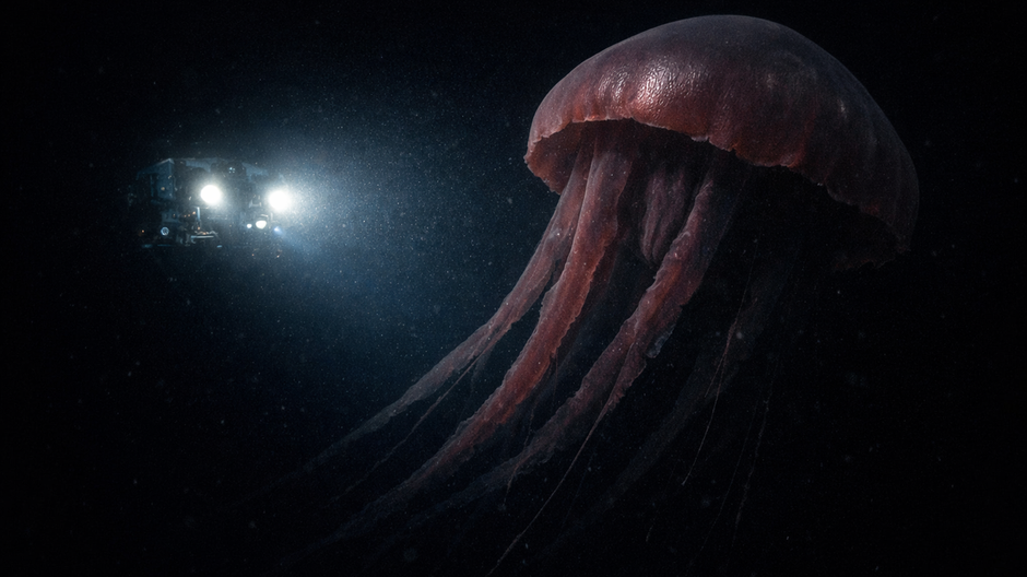 Obria hlbokomorská medúza Stygiomedusa gigantea osvetlená svetlami podvodného vozidla v temných hlbinách oceánu