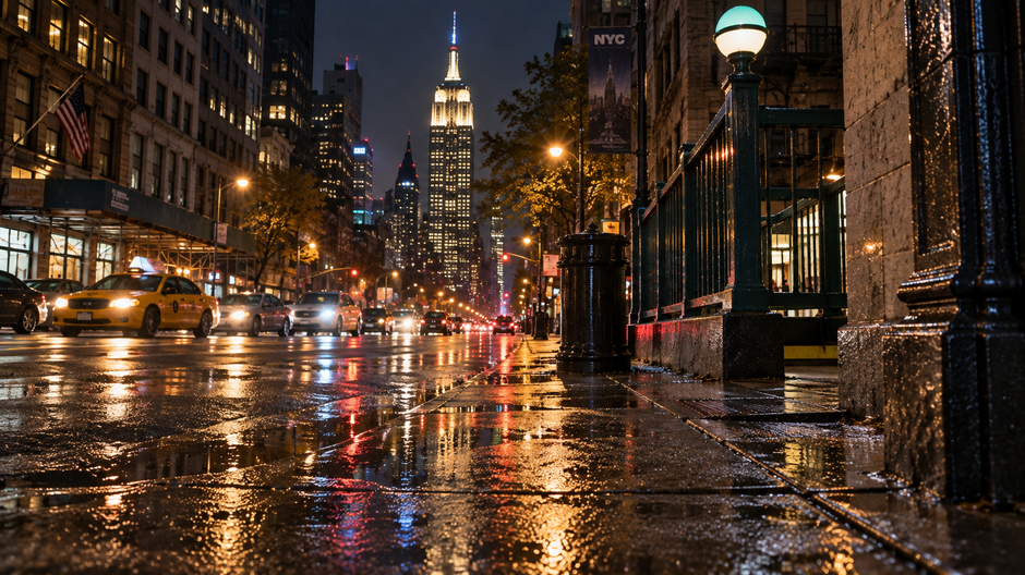 Mokrá ulica v New Yorku v noci s osvetlenými mrakodrapmi, taxíkmi a odrazmi pouličných svetiel.