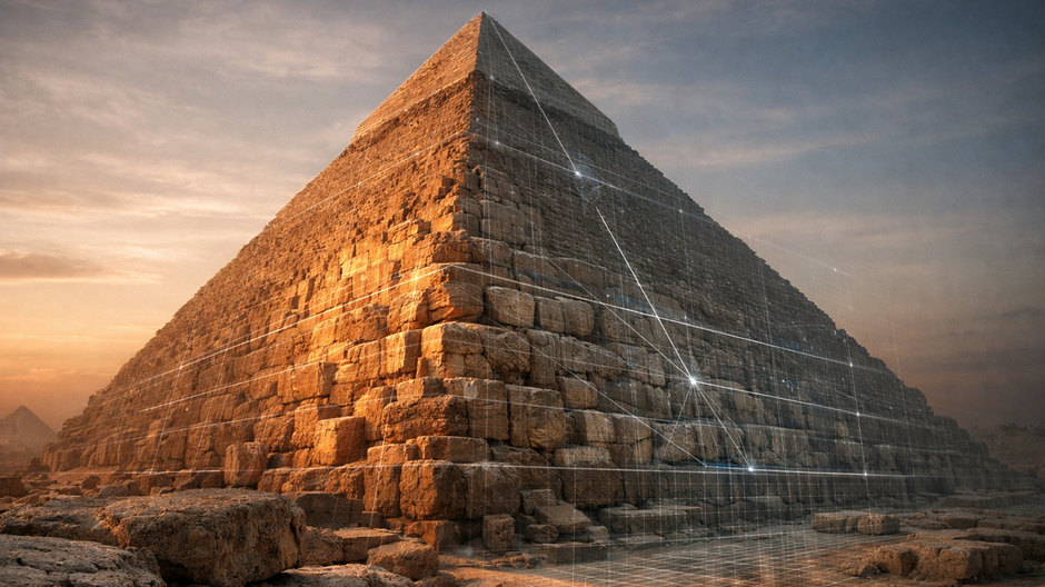 Veľká pyramída v Gíze pri východe slnka, realistický pohľad na kamenné bloky s jemnými holografickými líniami znázorňujúcimi vedeckú a AI analýzu štruktúry pyramídy.