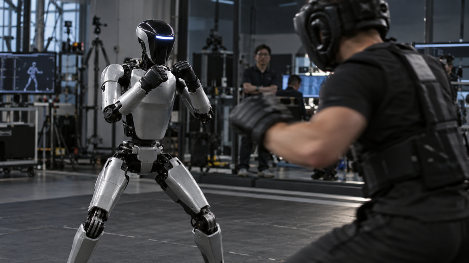 Humanoidný robot Unitree G1 počas autonómneho súboja s človekom.