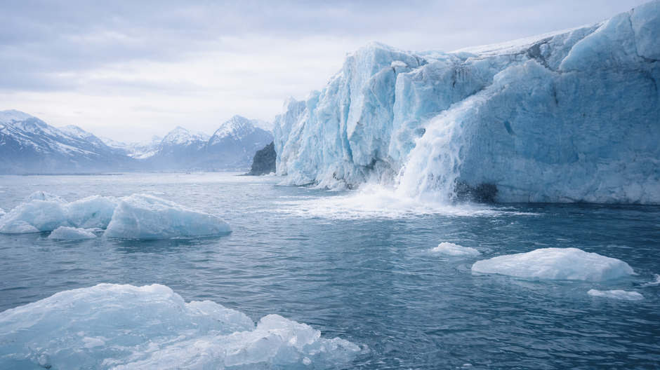 Topenie ľadovca pri pobreží s kusmi ľadu plávajúcimi na pokojnej morskej hladine