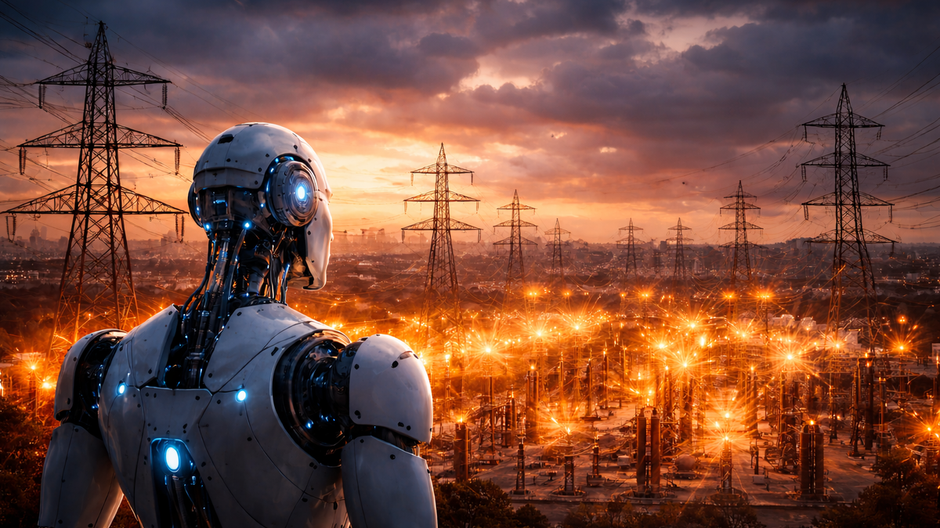 Futuristický robot stojaci pred rozsiahlu elektrickou sieťou a transformátormi, symbol rastúcej spotreby energie umelej inteligencie