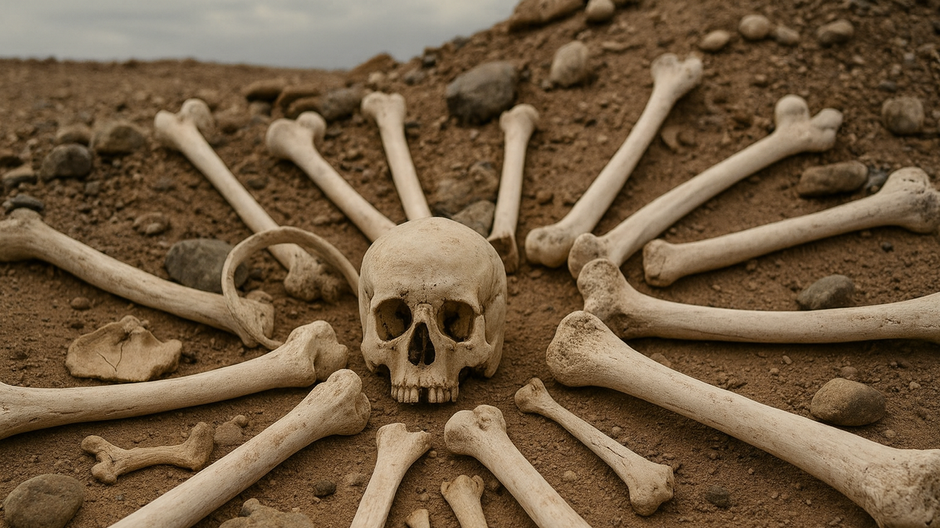 Lebka a dlhé kosti rozložené do kruhu na suchej, kamenistej pôde pripomínajúcej archeologické nálezisko.