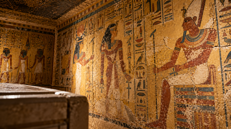 Ilustračná rekonštrukcia maľovanej steny egyptskej pohrebnej komory inšpirovanej Tutanchamónovou hrobkou.