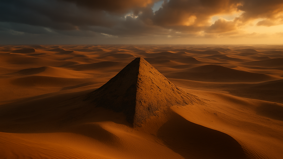 Pohľad zhora na púšť s jemnými obrysmi zakopanej pyramídy, mierne vystupujúcej spod piesku pod dramatickým svetlom.