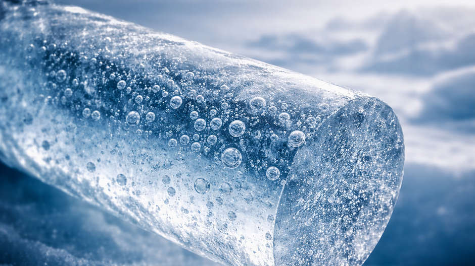 Makro detail antarktického ľadového jadra s krištáľovo modrou štruktúrou a množstvom zachytených vzduchových bublín, ktoré uchovávajú atmosféru starú milióny rokov, s jemne rozmazanou zasneženou krajinou v pozadí.
