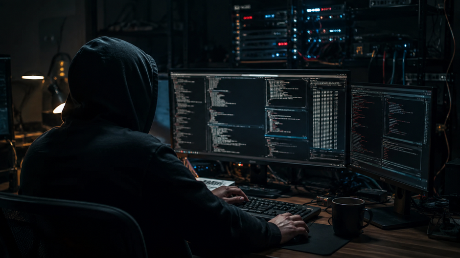 Hacker pred monitormi počas kybernetického útoku využívajúceho umelú inteligenciu.