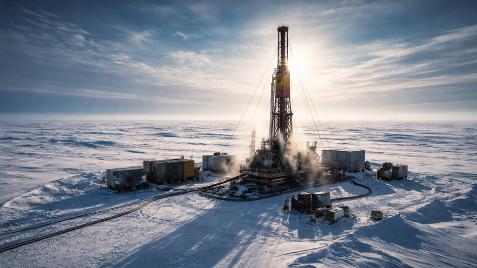 Priemyselná vrtná súprava na povrchu antarktického ľadovca počas hlbokého vŕtania, s parou stúpajúcou z horúcovodného systému, dlhými tieňmi pod nízkym slnkom a nekonečnou bielou krajinou v pozadí.