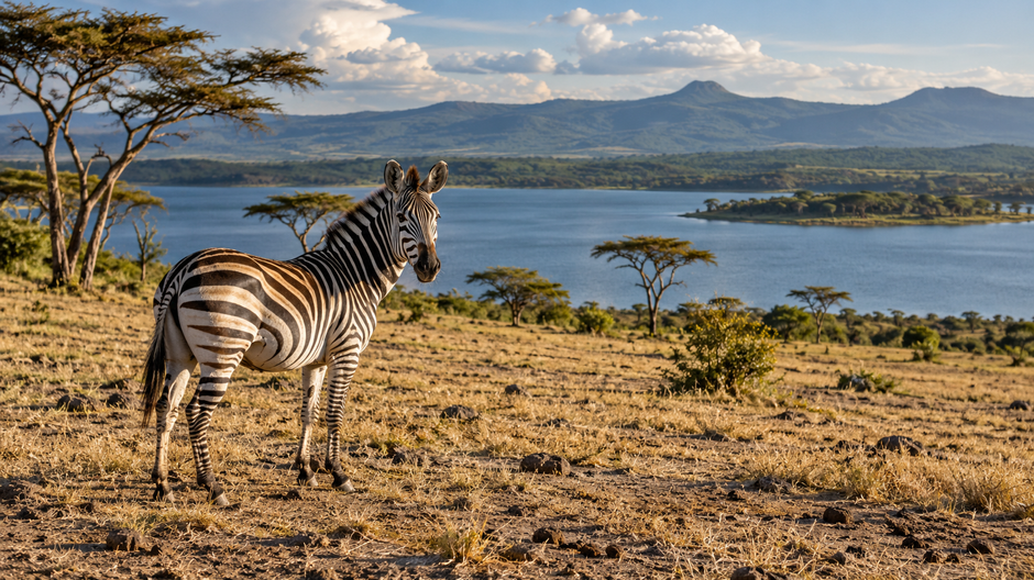 Zebra stojí na vyschnutom trávnatom poraste ostrova Crescent Island v kenskom jazere Naivasha.