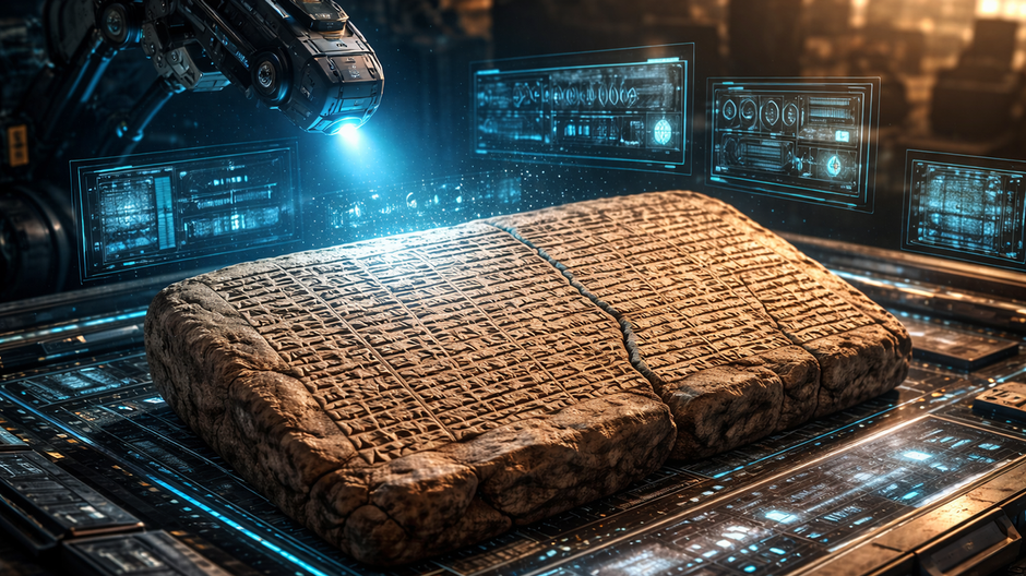 Umelá inteligencia analyzuje starovekú babylonskú hlinenú tabuľku s klinovým písmom v laboratóriu
