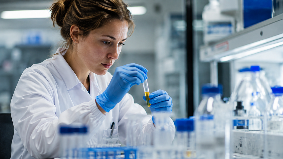 Laborantka skúma vzorku moču v skúmavke počas výskumu v laboratóriu.