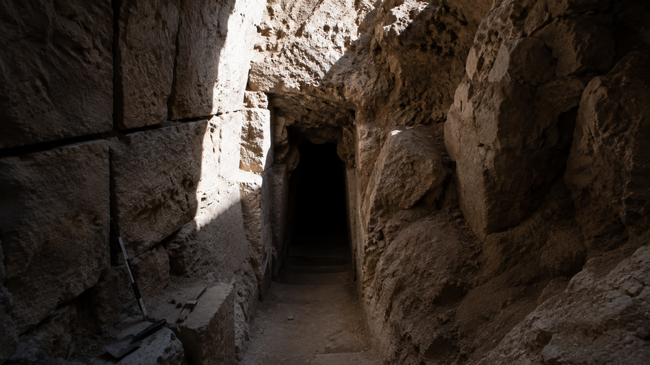 Vstup do starovekého tunela vytesaného do skaly pri Jeruzaleme počas archeologického výskumu.