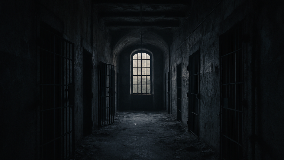 Tmavá fotografia opustenej väzenskej chodby s rozbitou podlahou, kovovými mrežami a tajomnou atmosférou, osvetlená len svetlom z vysokého oblúkového okna na konci.