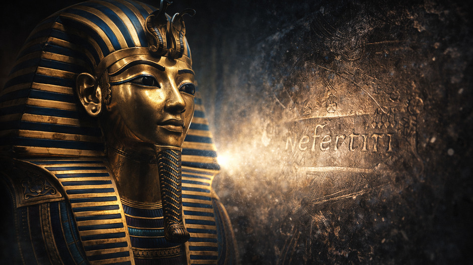 Zlatá pohrebná maska faraóna Tutanchamona v detailnom zábere s naznačeným nápisom mena Nefertiti na tmavom kamennom pozadí, dramatické múzejné osvetlenie.