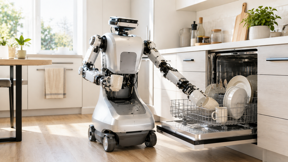 Domáci robot s dvoma ramenami pracuje v modernej kuchyni a ukladá riad do otvorenej umývačky.