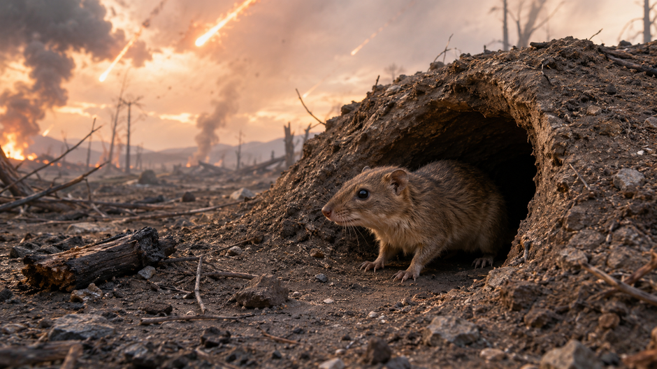 Malý praveký cicavec sa ukrýva v nore po dopade asteroidu, zatiaľ čo krajinu pokrýva popol.