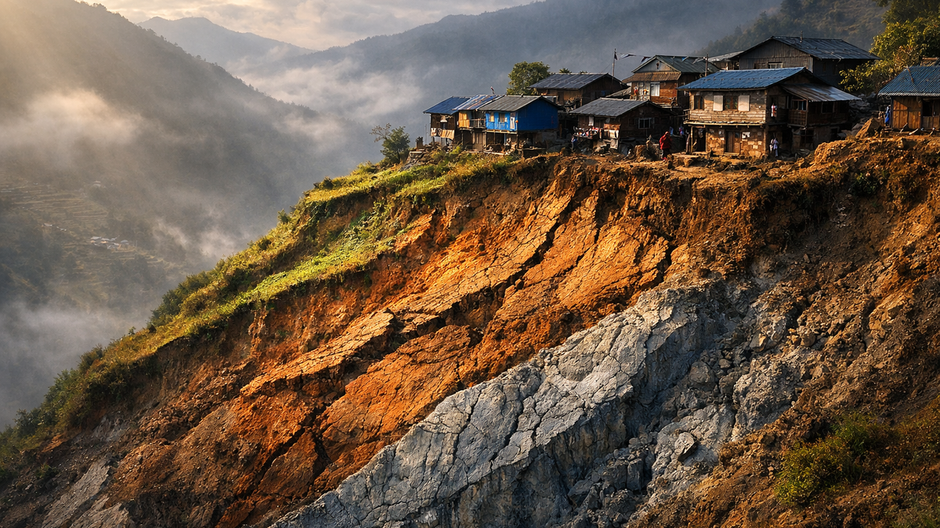 Horská dedina v Nepále na strmom svahu s viditeľnými prasklinami a dramatickým svetlom.