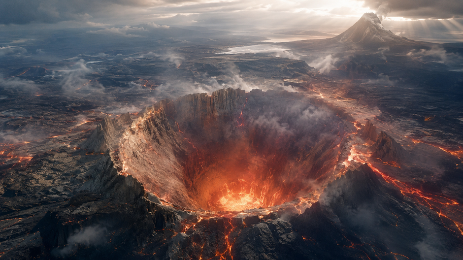 Fotorealistická ilustrácia obrovského asteroidového nárazu inšpirovaného Danteho Božskou komédiou.