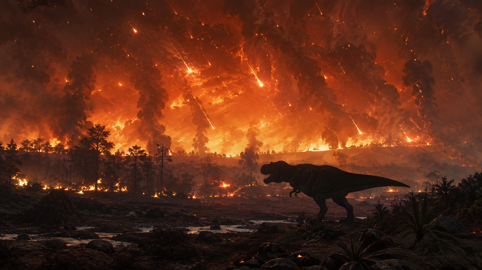 Fotorealistická rekonštrukcia globálnych požiarov na Zemi po dopade asteroidu Chicxulub pred 66 miliónmi rokov.