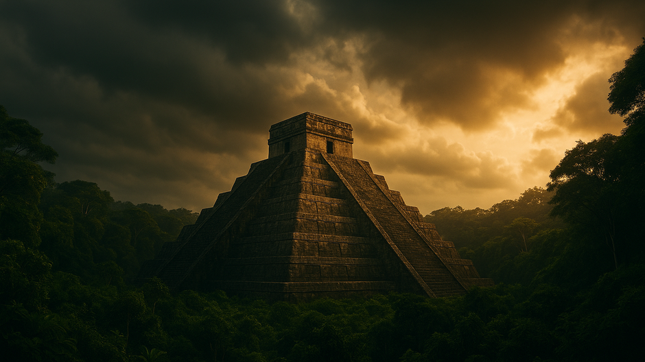 Opustená kamenná pyramída ukrytá hlboko v zelenej džungli, zachytená v dramatickom svetle a bez prítomnosti ľudí.