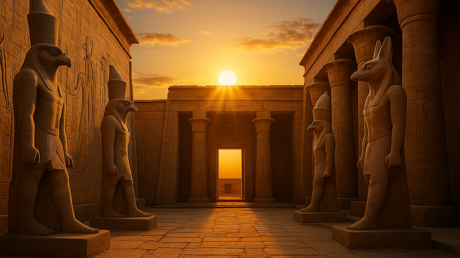 Fotorealistický záber na staroegyptský chrám zaplavený teplým svetlom zapadajúceho slnka, lemovaný sochami Hora a Anubisa a kamennými stĺpmi.