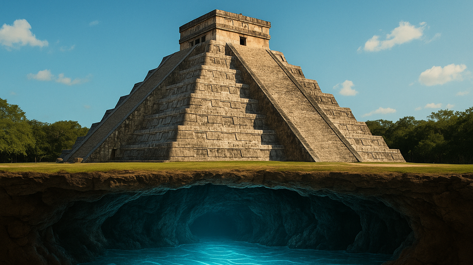 Digitálna ilustrácia zobrazujúca pyramídu Kukulkán v Chichen Itzá s podzemnou žiarivou riekou priamo pod stavbou, symbolizujúcou mayský svet mŕtvych.