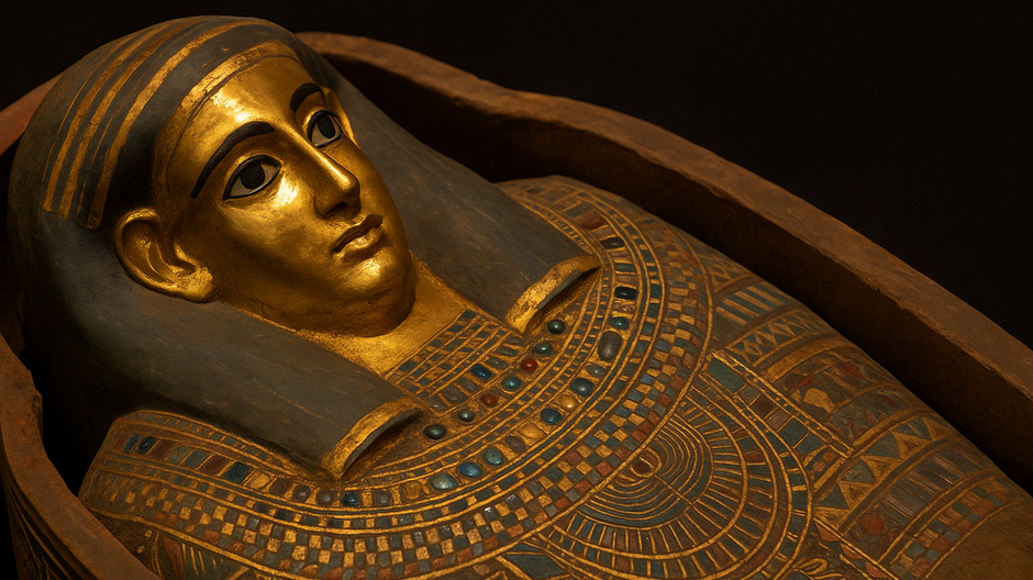 Realistická zlatá maska egyptskej múmie z oázy Baharíja zachytáva grécko-rímske črty zosnulého v bohato zdobenom sarkofágu.