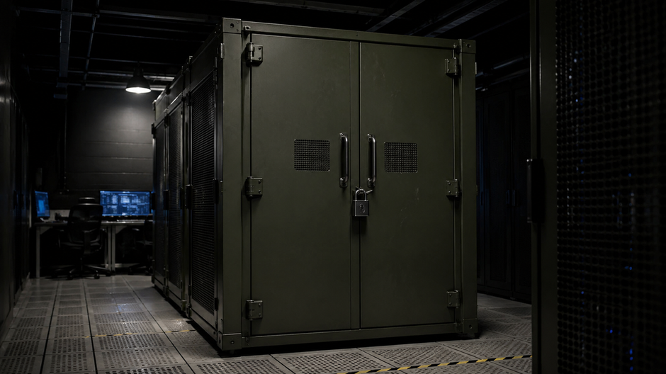 Zamknutý serverový kabinet v tmavej zabezpečenej miestnosti symbolizujúci dohodu Googlu s Pentagónom o umelej inteligencii.