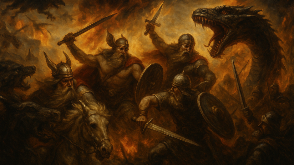 Ilustrácia Ragnaröku: bohovia bojujúci proti silám chaosu počas apokalyptickej bitky.