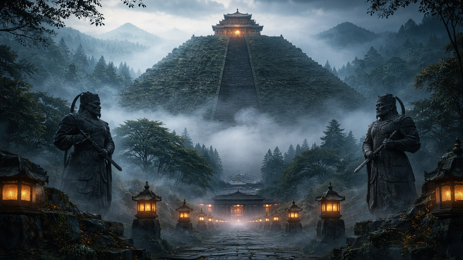 Staroveká čínska pyramída zahalená hmlou s kamennými strážcami a osvetlenou svätyňou na vrchole, symbol zapečatenej cisárskej hrobky