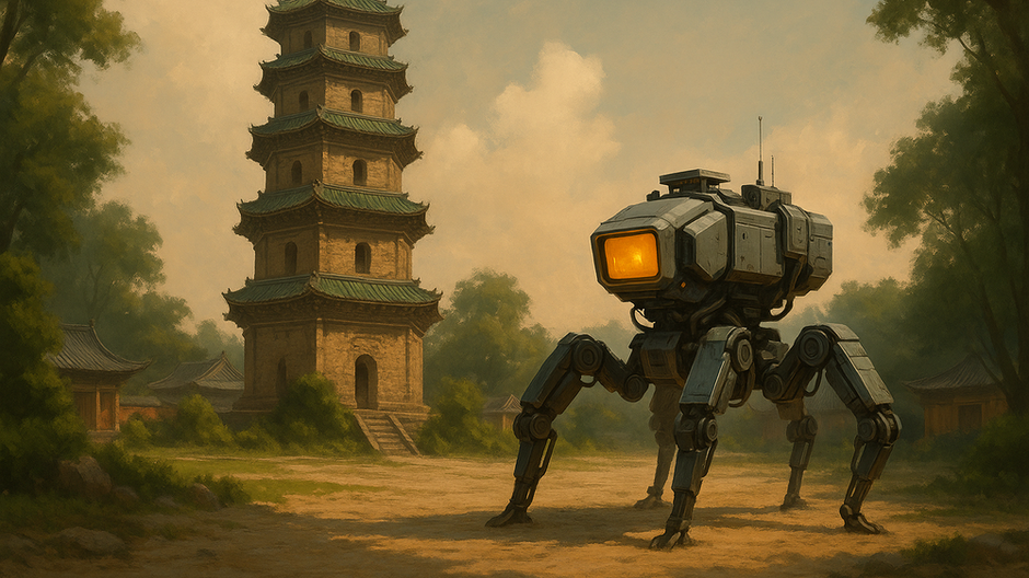 Digitálna maľba zobrazujúca šesťnohého robota pri starovekej čínskej pagode, ktorý monitoruje historickú stavbu v tradičnej záhrade pri teplom večernom svetle.