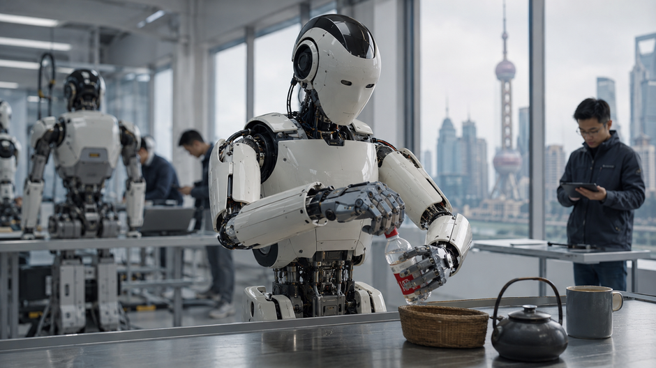 Humanoidný robot sa učí manipulovať s predmetmi v modernom tréningovom centre v Šanghaji.