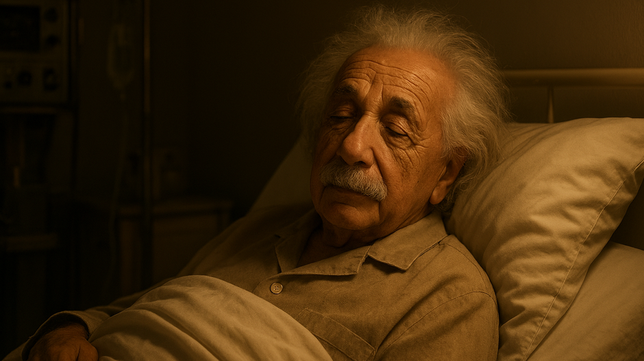 Portrét Alberta Einsteina v starobe, zamyslený pohľad, jemné svetlo na tvári