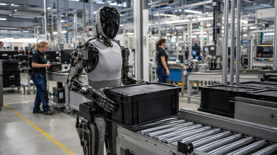 Humanoidný robot HMND 01 premiestňuje debny na dopravníkový pás v závode Siemens v Nemecku.