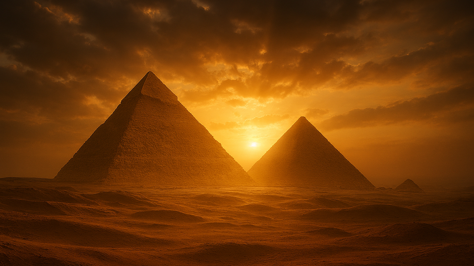 Egyptské pyramídy v Gíze pri západe slnka, osvetlené teplým svetlom púšte