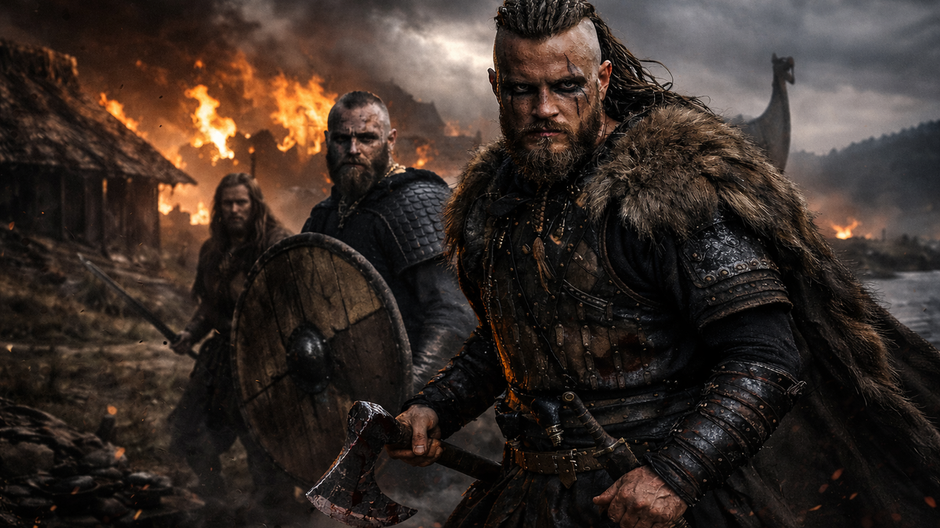 Fotorealistický dramatický obraz vikingského bojovníka s bojovou sekerou pred horiacou osadou, tmavá obloha, filmová atmosféra v štýle televíznych seriálov