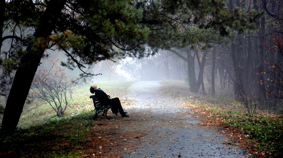 jeseň lístie človek na lavičke