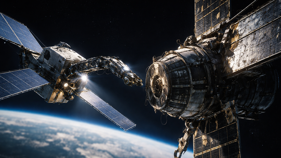 Servisná družica sa na obežnej dráhe približuje k starému nefunkčnému satelitu nad Zemou.