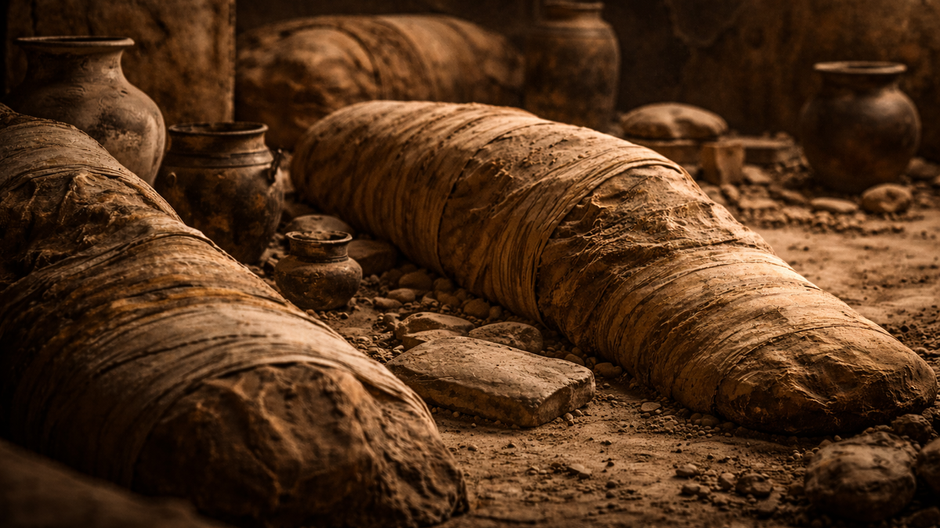 Pohľad do starovekej egyptskej pohrebnej komory s múmiami zabalenými v ľanových obväzoch a keramickými nádobami, bez viditeľných tvárí, v tlmenom svetle.