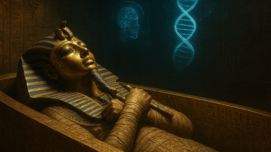 Digitálna ilustrácia múmie faraóna Tutanchamóna v komore so zlatými hieroglyfmi a vedeckými DNA skenmi v pozadí