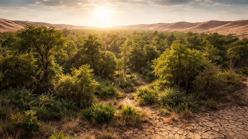 Prirodzene regenerujúci les s nepravidelnými stromami a podrastom, ktorý postupne prerastá do suchej púštnej krajiny s popraskanou pôdou.
