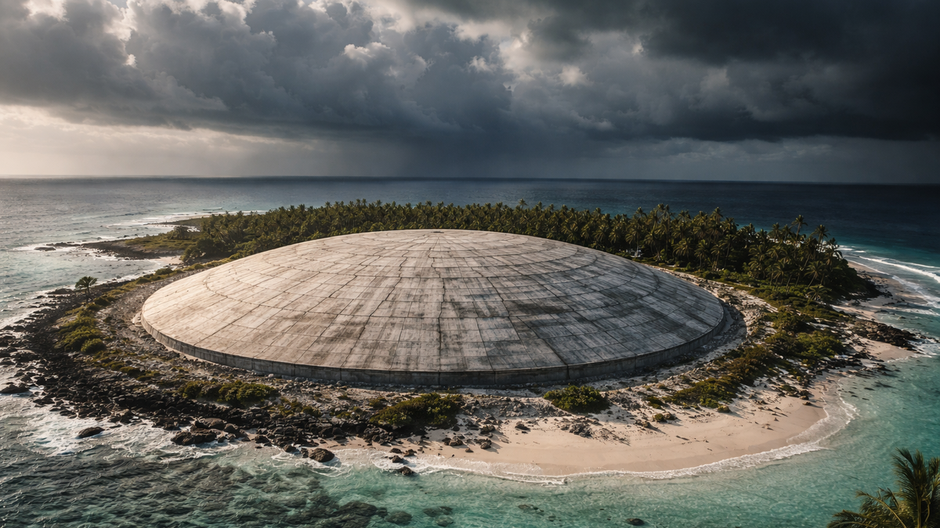 Betónový Runit Dome na malom tropickom ostrove v Marshallových ostrovoch pri rozbúrenom oceáne