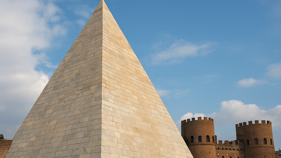 Vysoká kamenná pyramída Cestiusa v Ríme s ostrými hranami a pozadím rímskych hradieb Porta San Paolo pod jasnou modrou oblohou