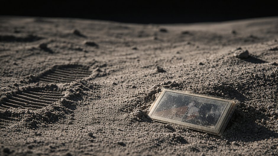 Detail povrchu Mesiaca s vyblednutými stopami astronautov a malým obdĺžnikovým predmetom ležiacim v mesačnom prachu počas misie Apollo 16.