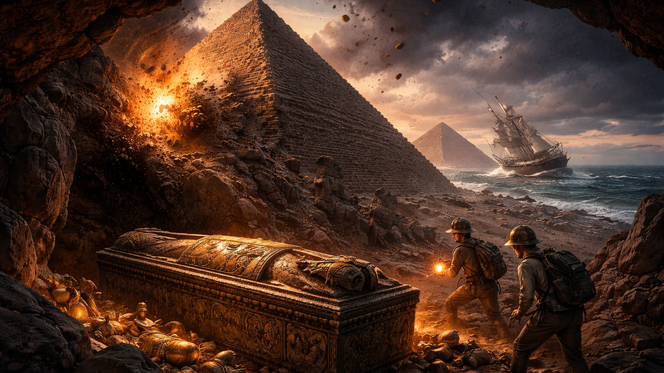 Ilustrácia výbuchu v pyramíde faraóna Menkaurého, odkrytý sarkofág a loď s pokladom miznúca v rozbúrenom mori