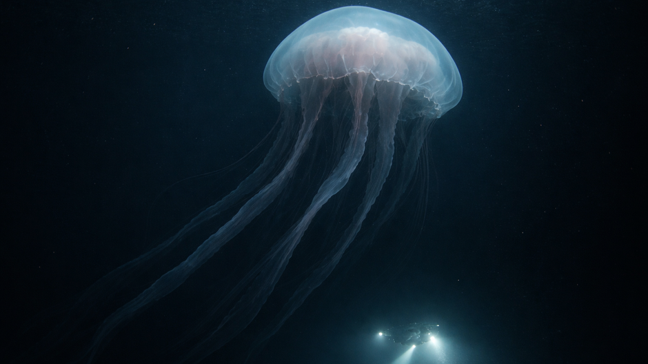Gigantická fantómová medúza Stygiomedusa gigantea zachytená v hlbokom oceáne pri slabom svetle výskumnej ponorky