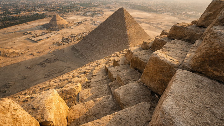 Pohľad z vrcholu Veľkej pyramídy v Gíze na masívne kamenné bloky a okolitú púštnu krajinu, zachytávajúci extrémnu výšku a mierku starovekej stavby.