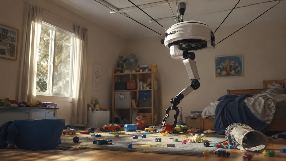 Robot zavesený pod stropom pomocou káblov zbiera hračky rozhádzané po podlahe detskej izby.