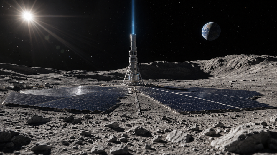 Vizualizácia laserovej veže so solárnymi panelmi na povrchu Mesiaca.