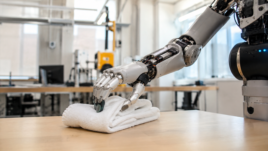 Humanoidný robot s citlivou robotickou rukou manipuluje s uterákom počas laboratórneho testu dotykového učenia.